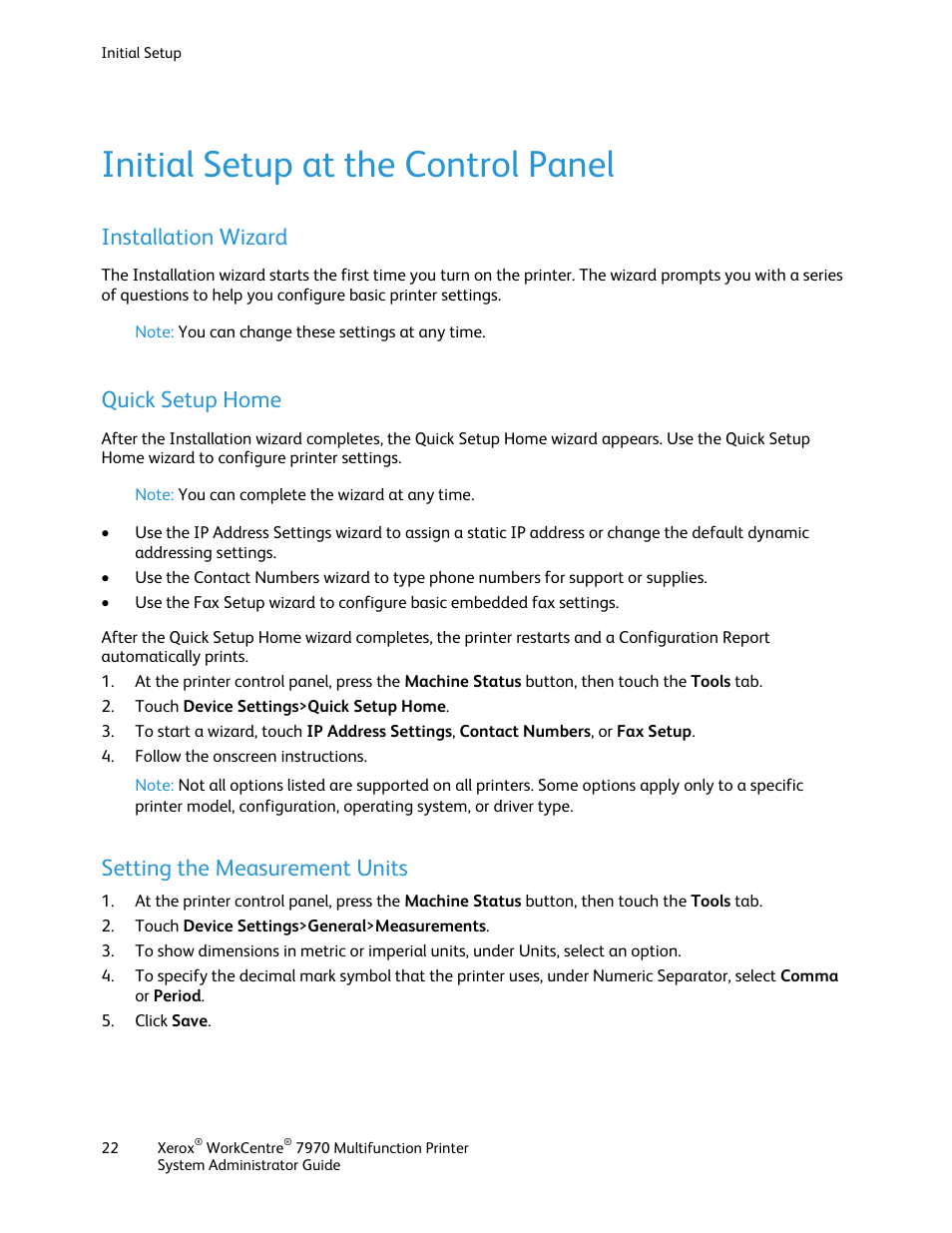 Initial setup at the control panel, Installation wizard, Quick setup home | Setting the measurement units | Xerox WorkCentre 7970-2606 User Manual | Page 22 / 268