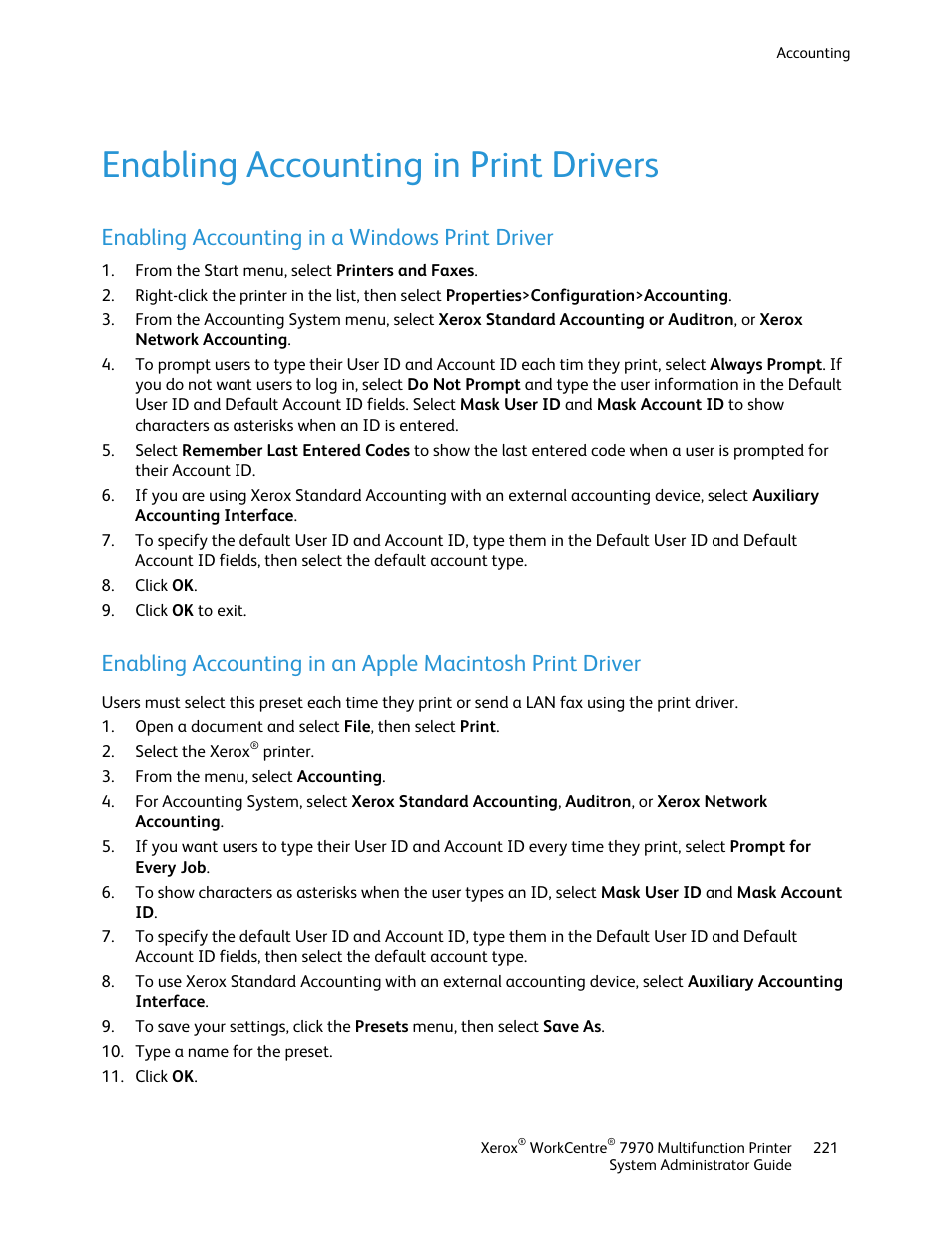 Enabling accounting in print drivers, Enabling accounting in a windows print driver | Xerox WorkCentre 7970-2606 User Manual | Page 221 / 268