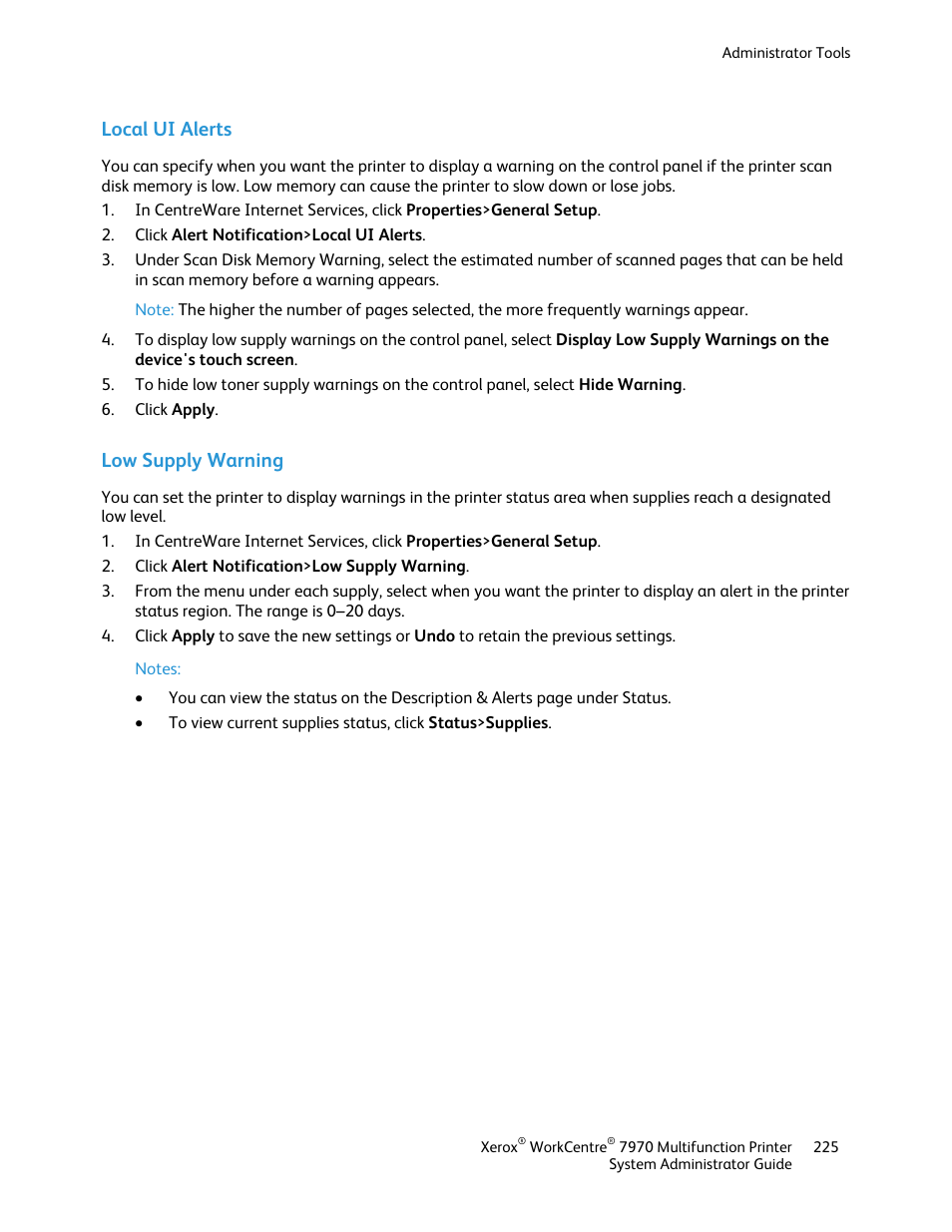 Local ui alerts, Low supply warning | Xerox WorkCentre 7970-2606 User Manual | Page 225 / 268