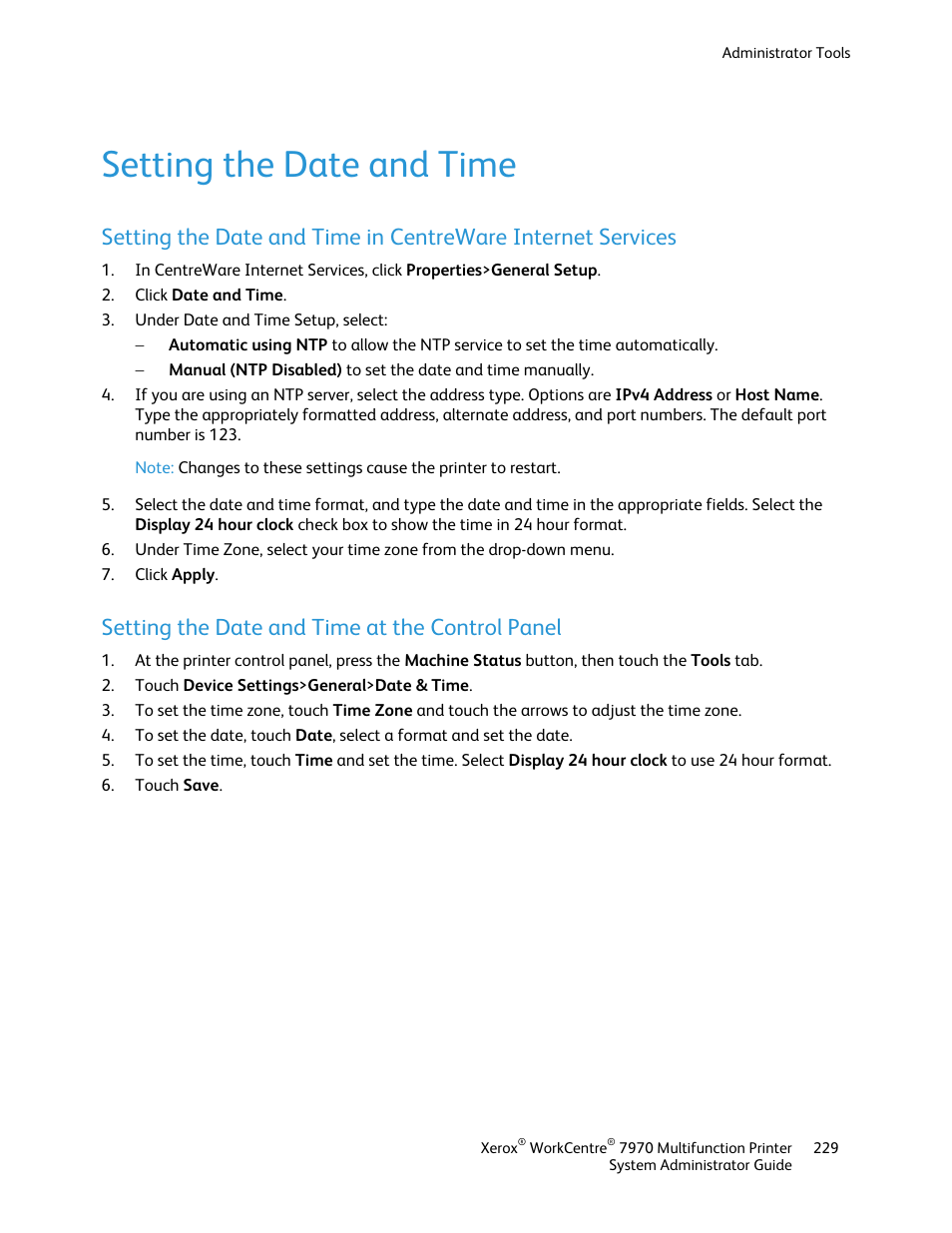 Setting the date and time, Setting the date and time at the control panel | Xerox WorkCentre 7970-2606 User Manual | Page 229 / 268