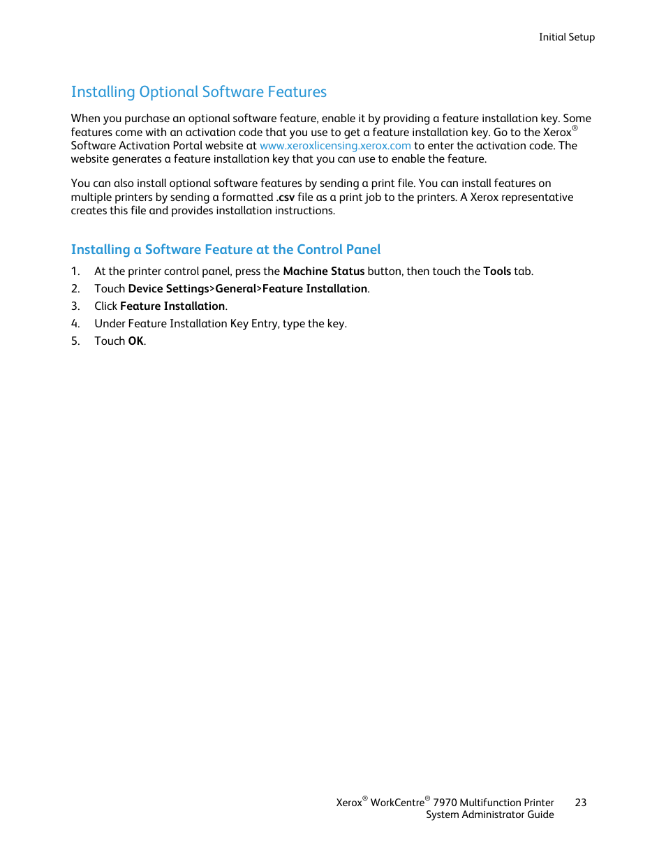 Installing optional software features, Installing a software feature at the control panel | Xerox WorkCentre 7970-2606 User Manual | Page 23 / 268