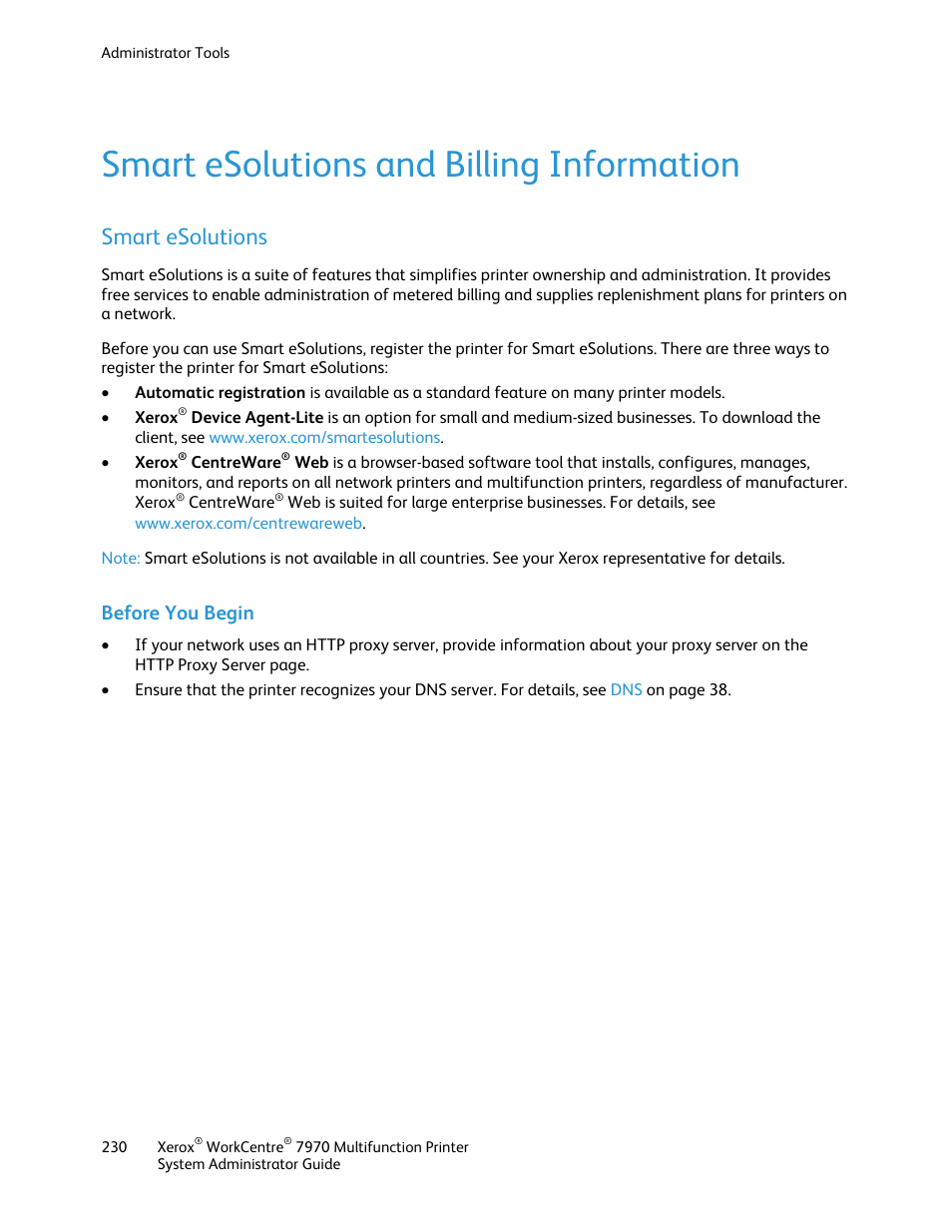 Smart esolutions and billing information, Smart esolutions, Before you begin | Xerox WorkCentre 7970-2606 User Manual | Page 230 / 268