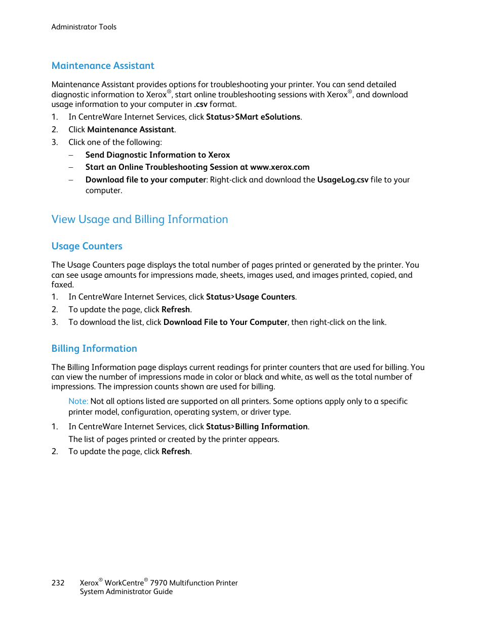 Maintenance assistant, View usage and billing information, Usage counters | Billing information | Xerox WorkCentre 7970-2606 User Manual | Page 232 / 268