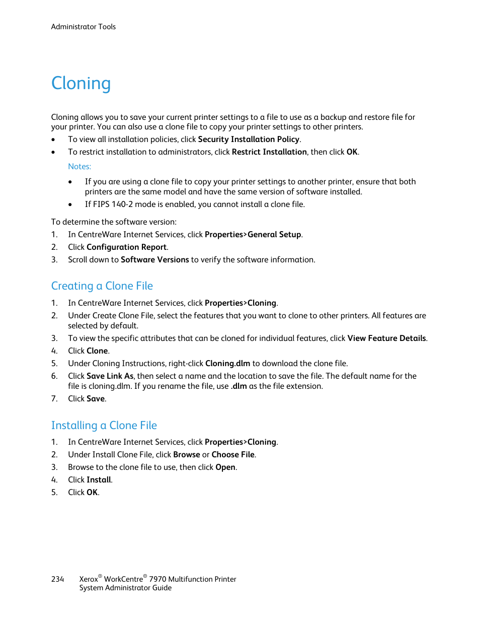 Cloning, Creating a clone file, Installing a clone file | Xerox WorkCentre 7970-2606 User Manual | Page 234 / 268