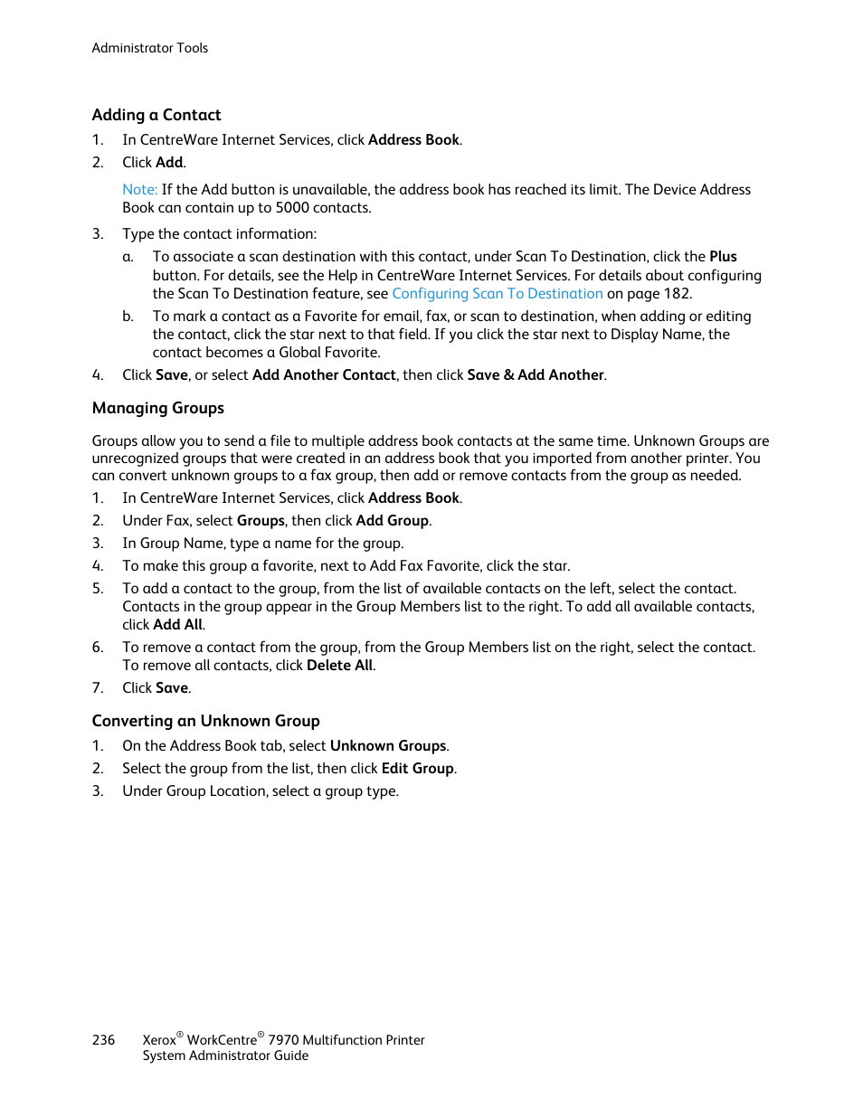 Adding a contact, Managing groups, Converting an unknown group | Xerox WorkCentre 7970-2606 User Manual | Page 236 / 268