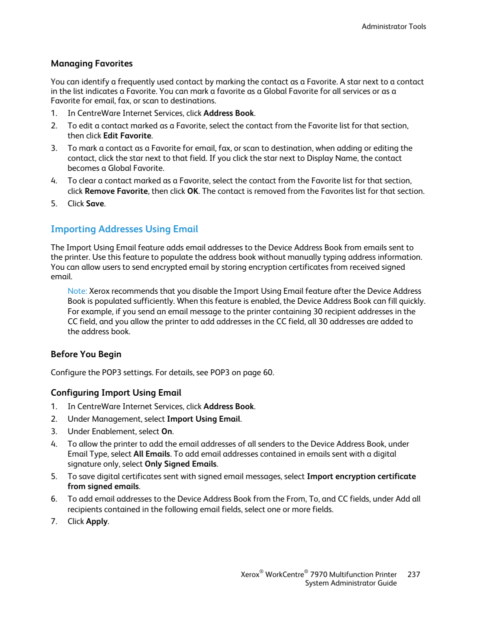 Managing favorites, Importing addresses using email, Before you begin | Configuring import using email | Xerox WorkCentre 7970-2606 User Manual | Page 237 / 268