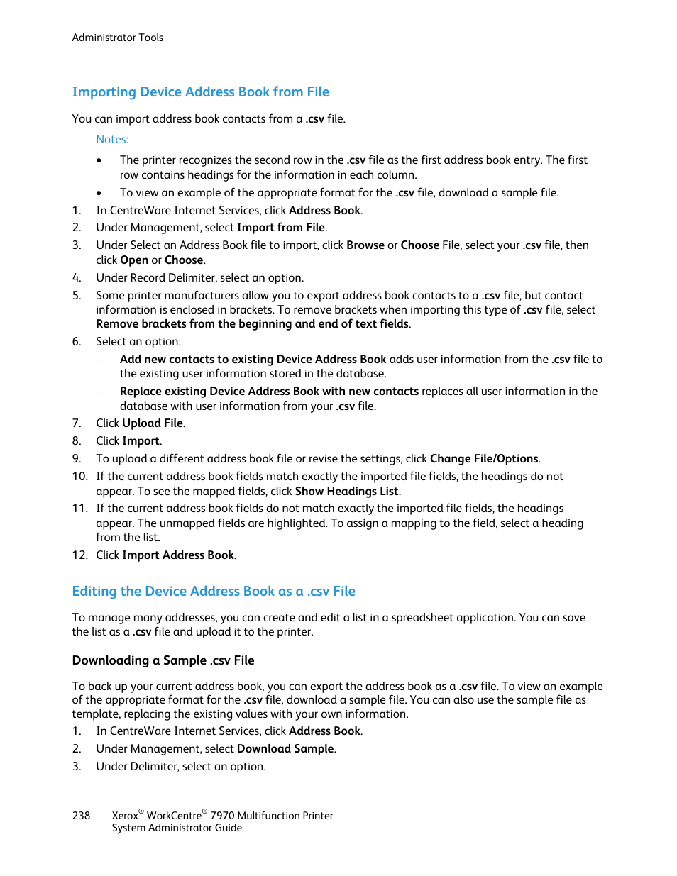 Importing device address book from file, Editing the device address book as a .csv file, Downloading a sample .csv file | Xerox WorkCentre 7970-2606 User Manual | Page 238 / 268