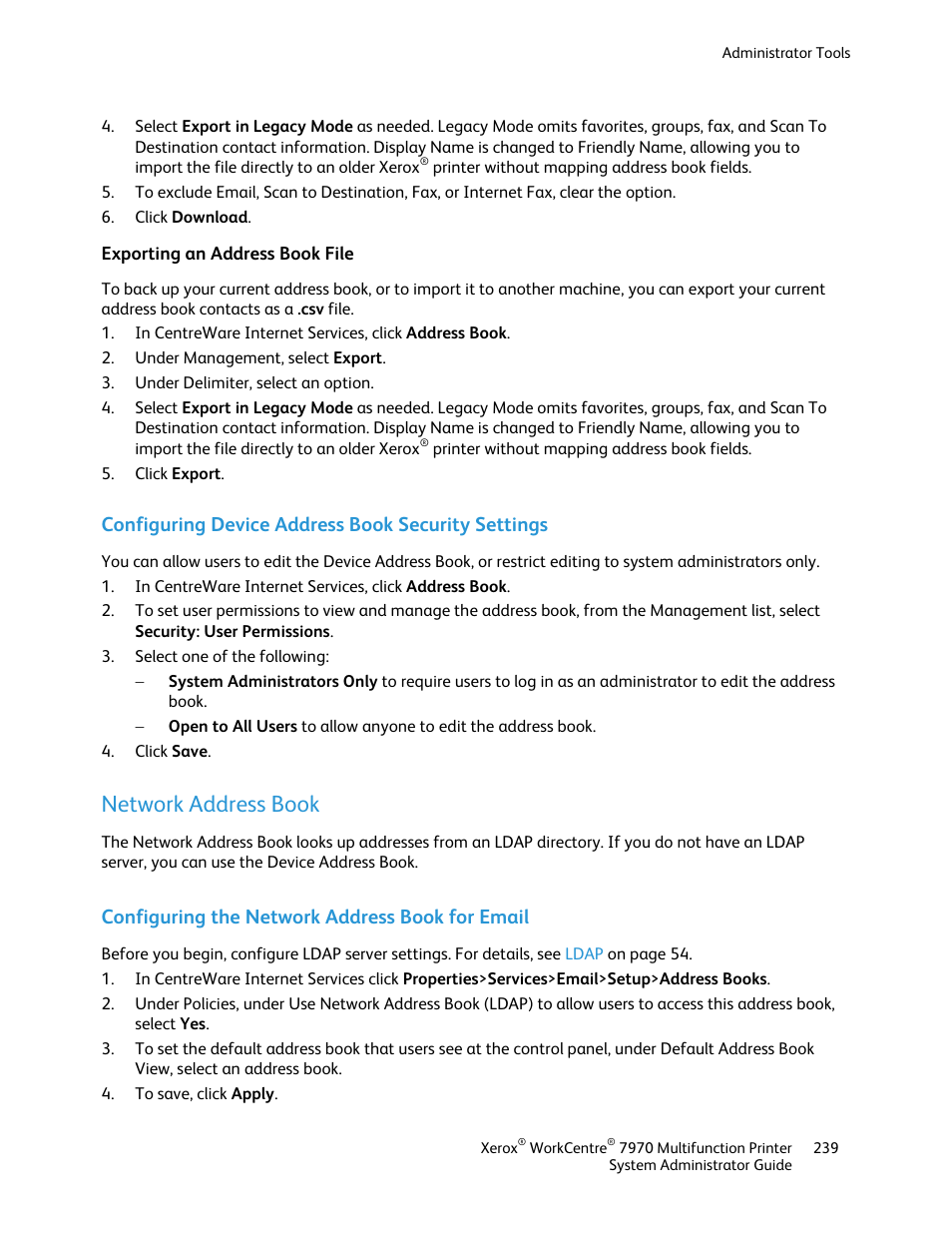 Exporting an address book file, Configuring device address book security settings, Network address book | Configuring the network address book for email | Xerox WorkCentre 7970-2606 User Manual | Page 239 / 268