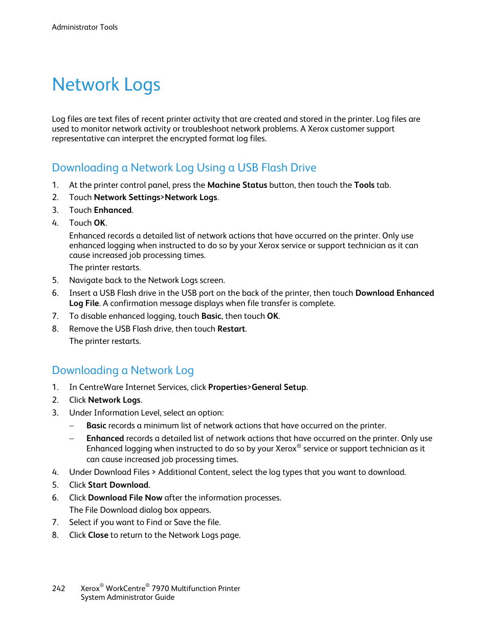 Network logs, Downloading a network log using a usb flash drive, Downloading a network log | Xerox WorkCentre 7970-2606 User Manual | Page 242 / 268