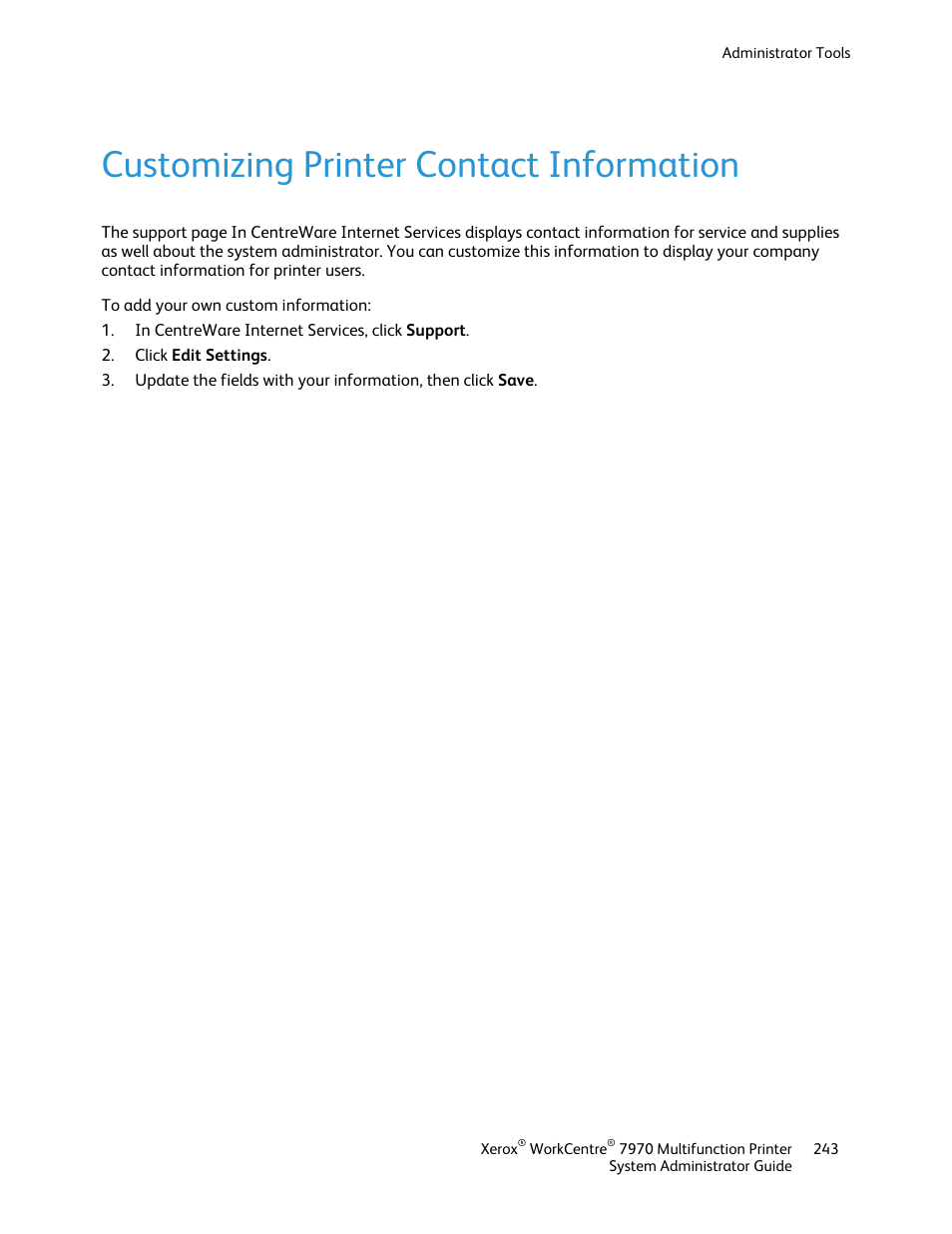 Customizing printer contact information | Xerox WorkCentre 7970-2606 User Manual | Page 243 / 268