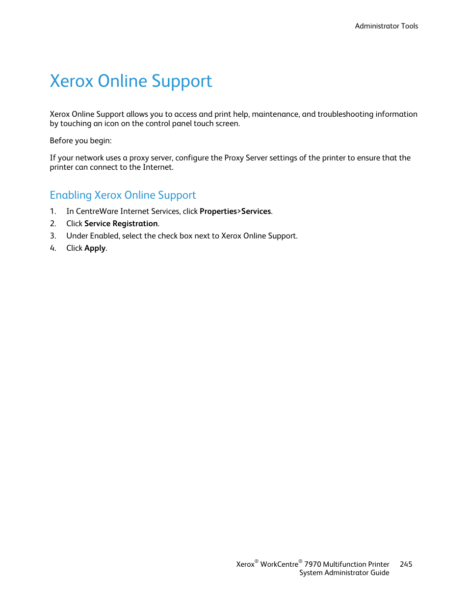 Xerox online support, Enabling xerox online support | Xerox WorkCentre 7970-2606 User Manual | Page 245 / 268