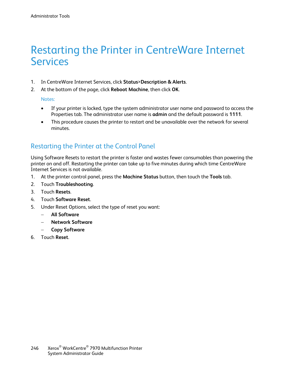 Restarting the printer at the control panel | Xerox WorkCentre 7970-2606 User Manual | Page 246 / 268