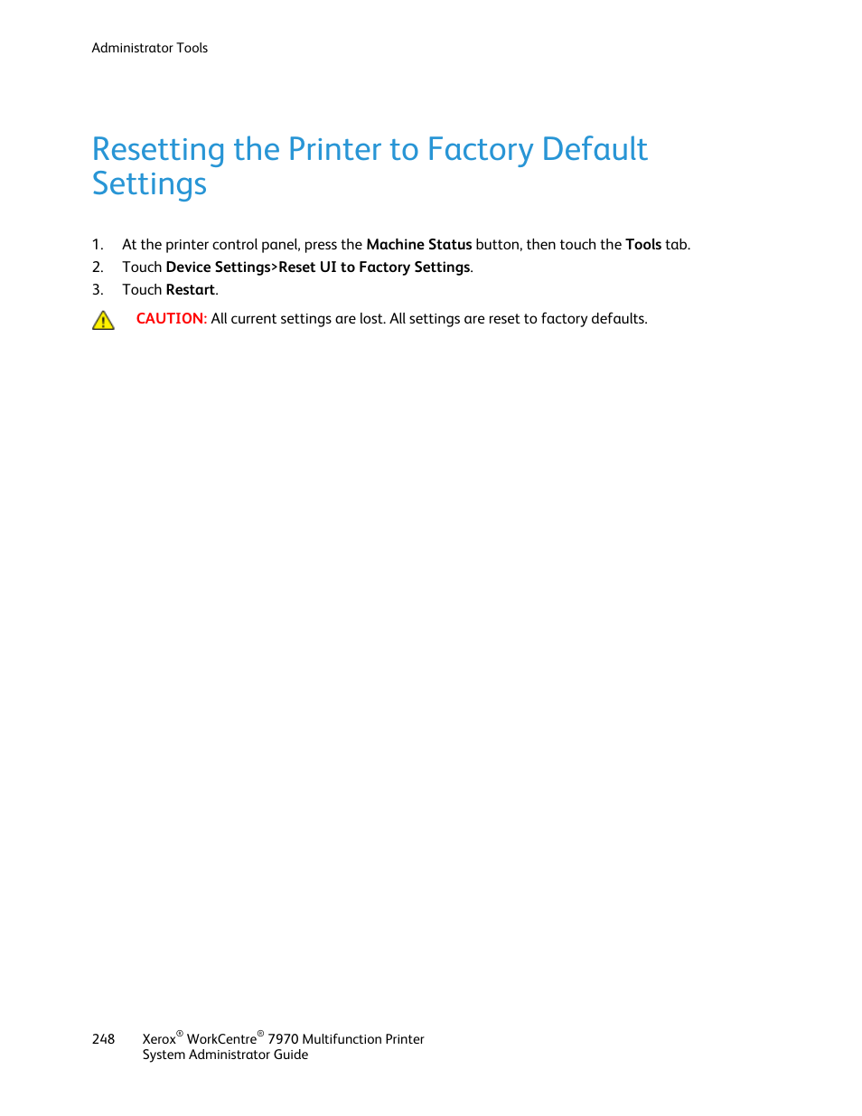 Resetting the printer to factory default settings | Xerox WorkCentre 7970-2606 User Manual | Page 248 / 268