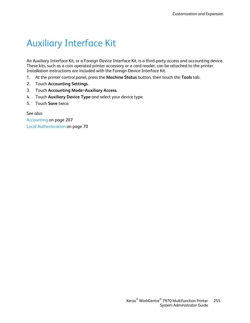 Auxiliary interface kit | Xerox WorkCentre 7970-2606 User Manual | Page 255 / 268