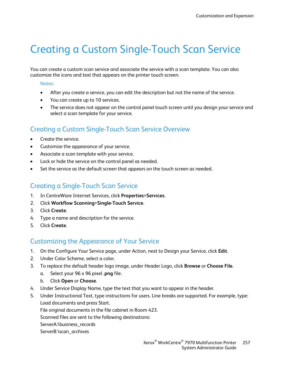 Creating a custom single-touch scan service, Creating a single-touch scan service, Customizing the appearance of your service | Xerox WorkCentre 7970-2606 User Manual | Page 257 / 268