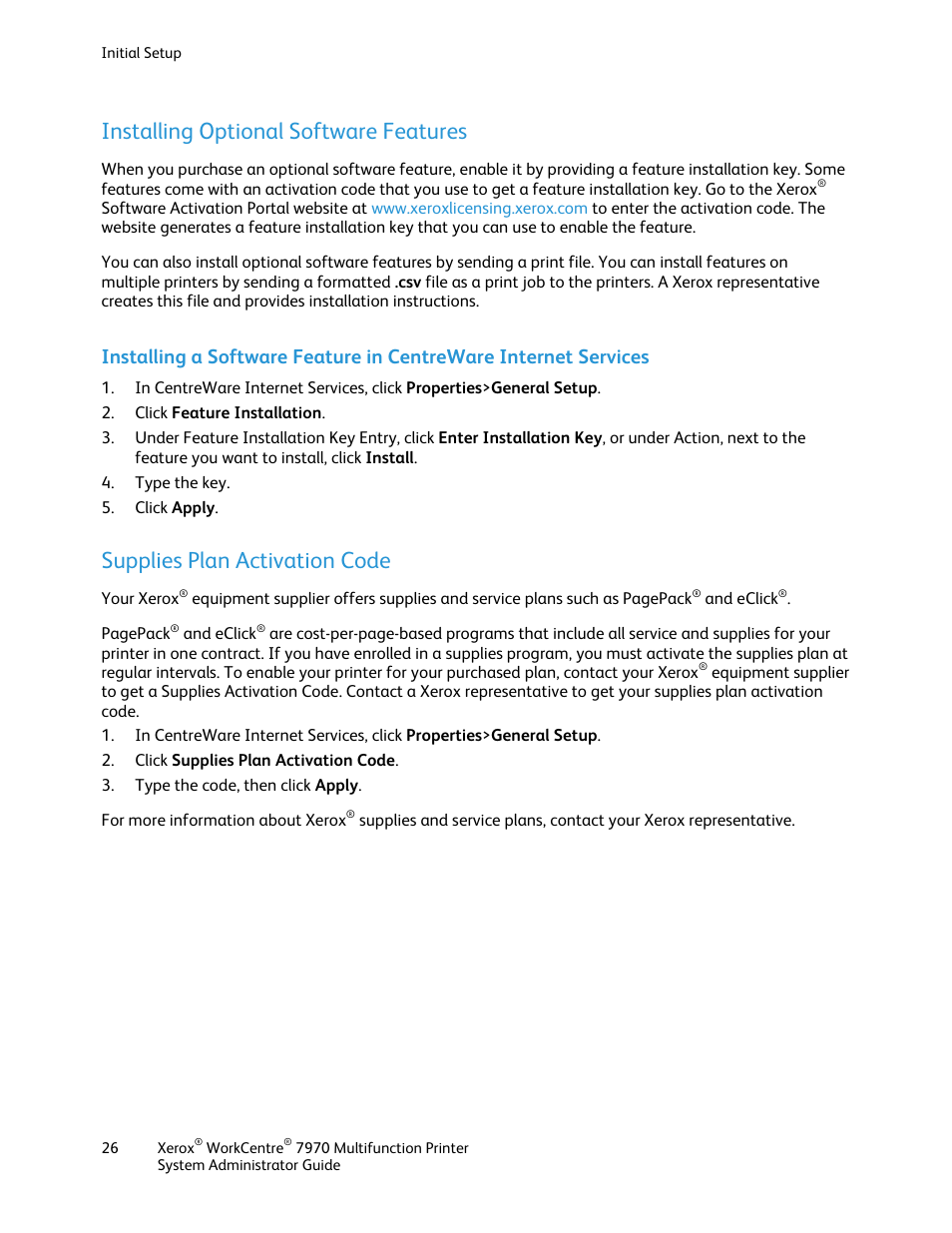 Installing optional software features, Supplies plan activation code | Xerox WorkCentre 7970-2606 User Manual | Page 26 / 268