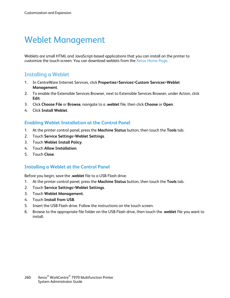 Weblet management, Installing a weblet, Enabling weblet installation at the control panel | Installing a weblet at the control panel | Xerox WorkCentre 7970-2606 User Manual | Page 260 / 268