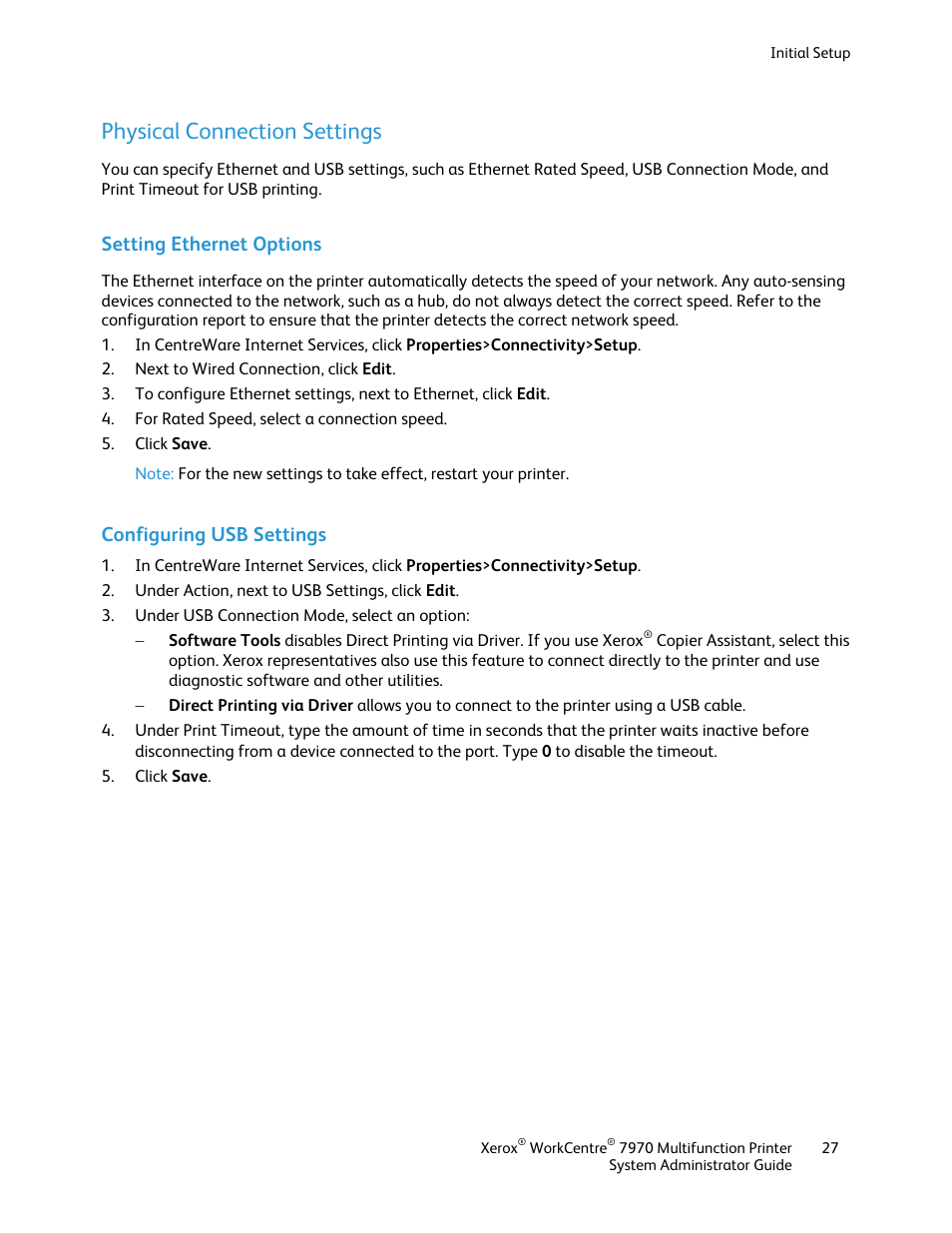 Physical connection settings, Setting ethernet options, Configuring usb settings | Xerox WorkCentre 7970-2606 User Manual | Page 27 / 268