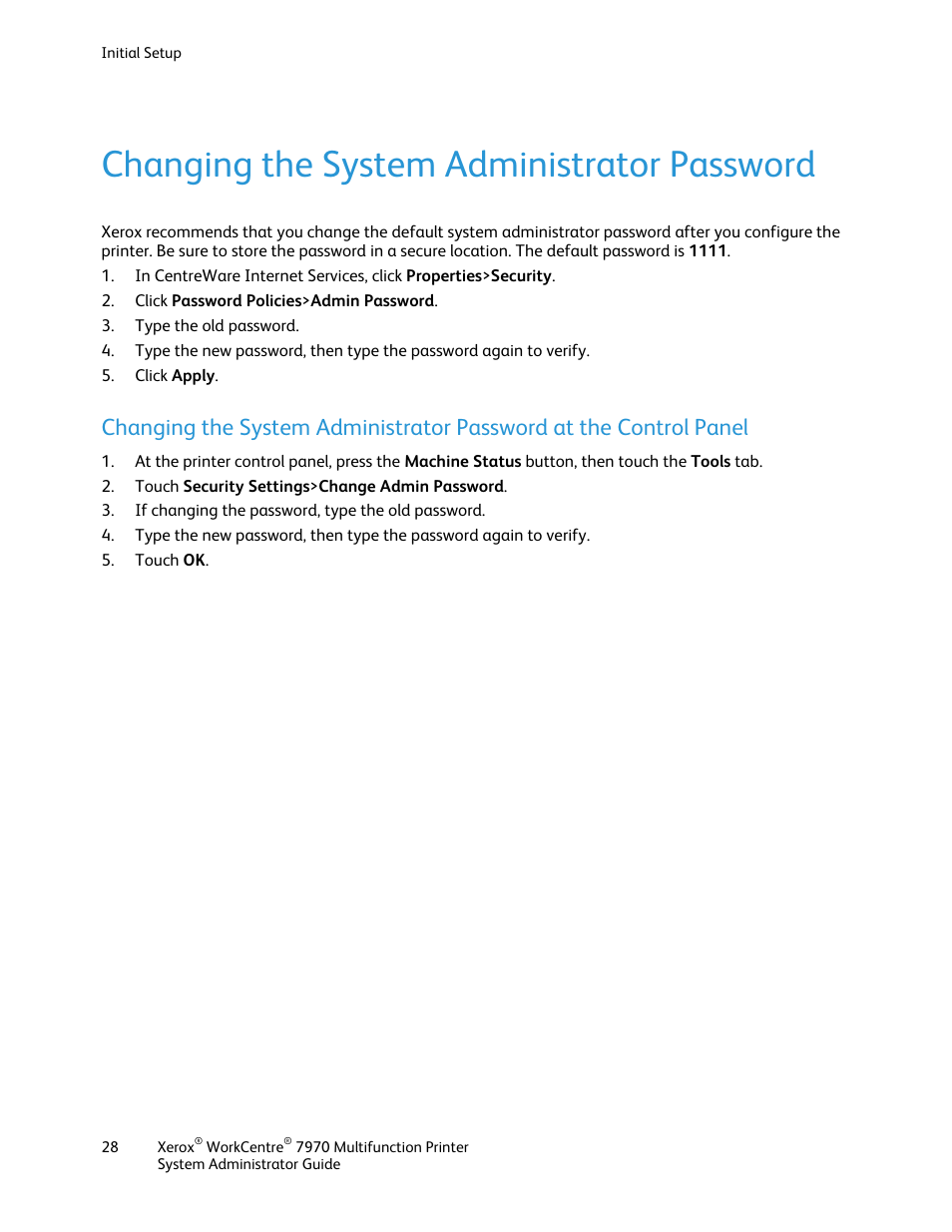 Changing the system administrator password | Xerox WorkCentre 7970-2606 User Manual | Page 28 / 268