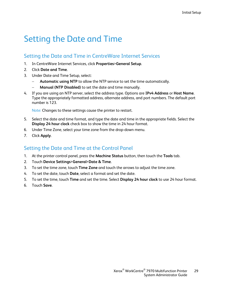 Setting the date and time, Setting the date and time at the control panel | Xerox WorkCentre 7970-2606 User Manual | Page 29 / 268