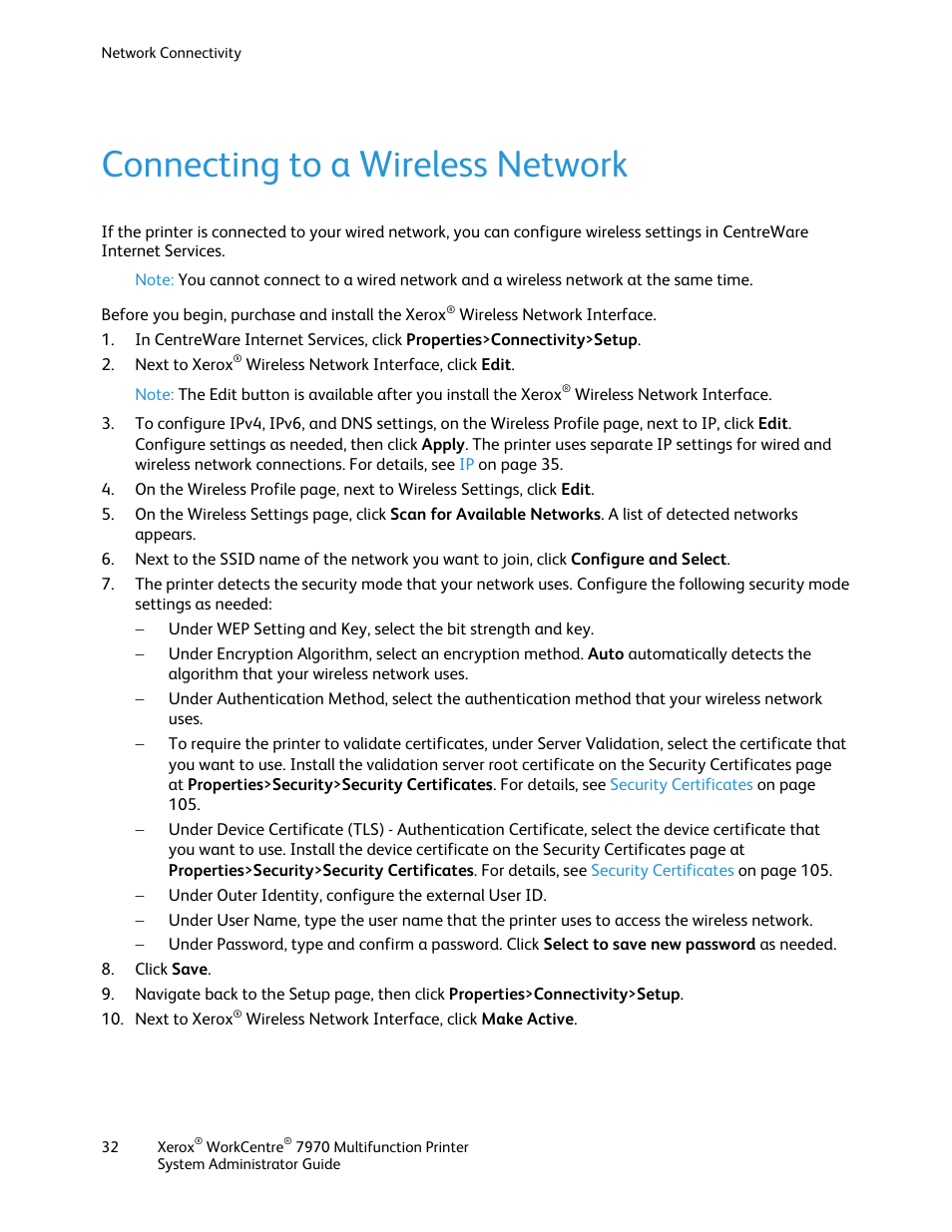 Connecting to a wireless network | Xerox WorkCentre 7970-2606 User Manual | Page 32 / 268