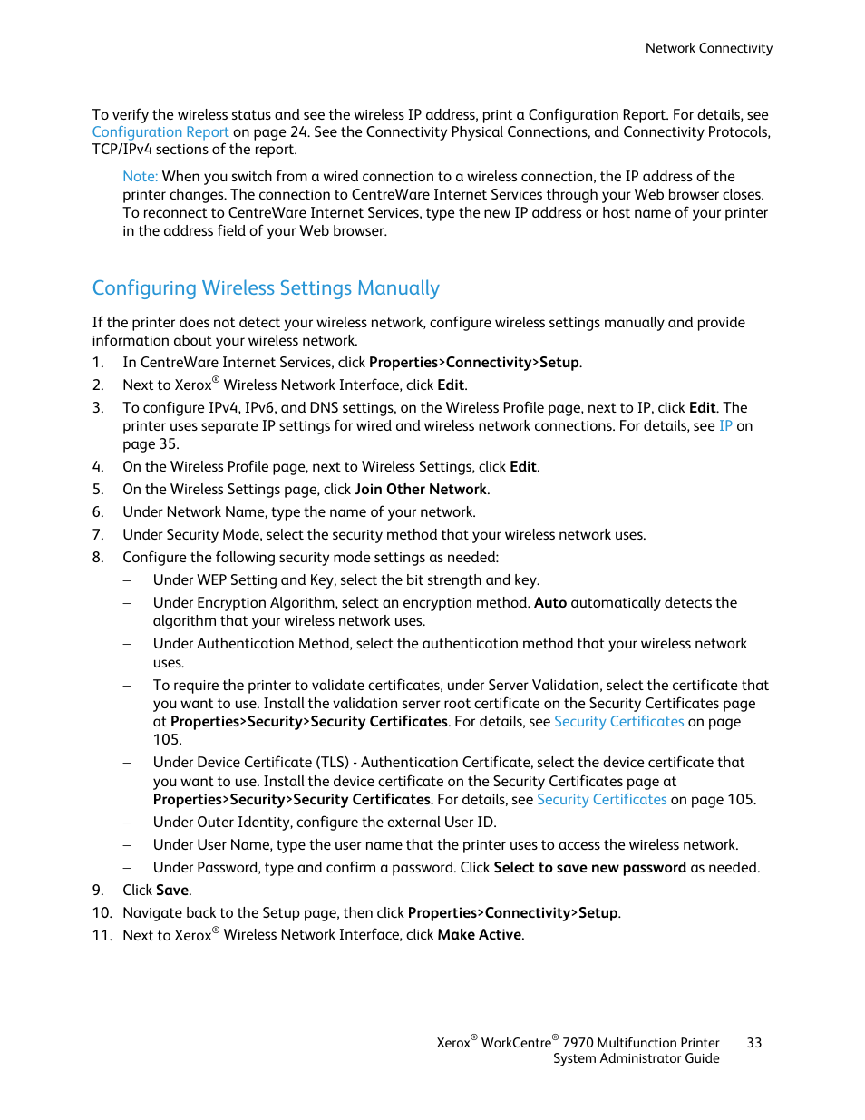 Configuring wireless settings manually | Xerox WorkCentre 7970-2606 User Manual | Page 33 / 268