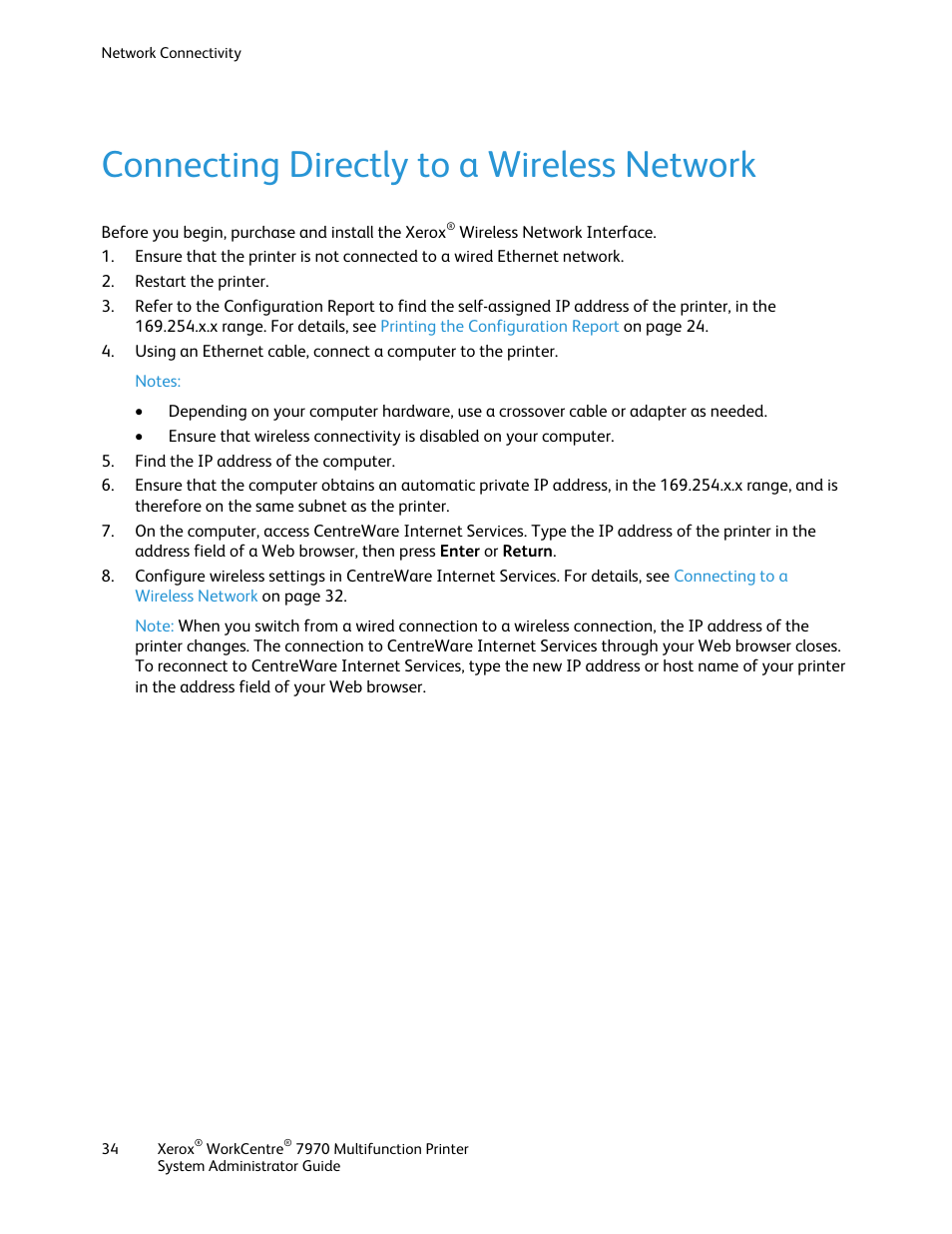 Connecting directly to a wireless network | Xerox WorkCentre 7970-2606 User Manual | Page 34 / 268