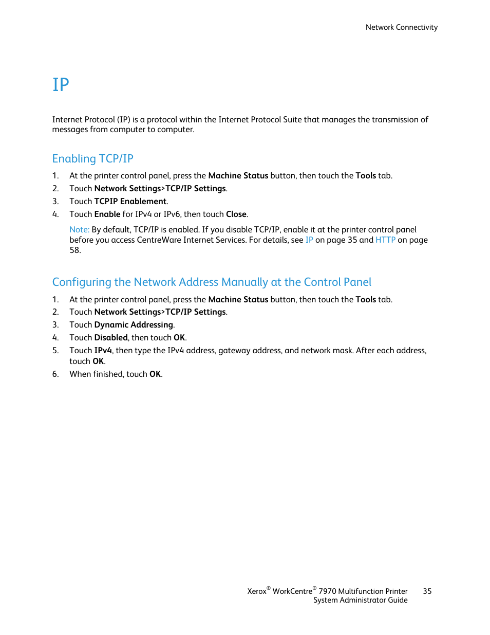 Enabling tcp/ip | Xerox WorkCentre 7970-2606 User Manual | Page 35 / 268