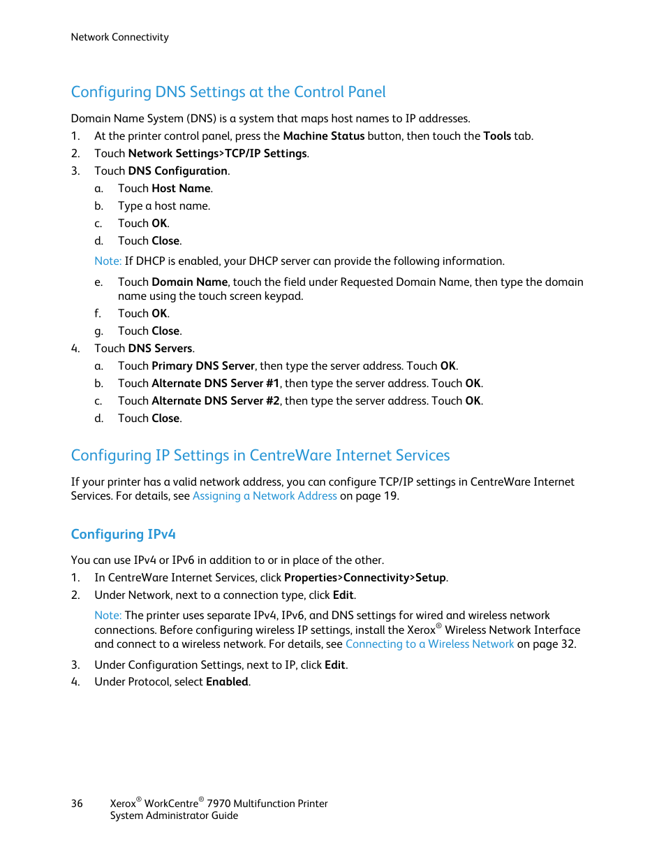 Configuring dns settings at the control panel, Configuring ipv4 | Xerox WorkCentre 7970-2606 User Manual | Page 36 / 268