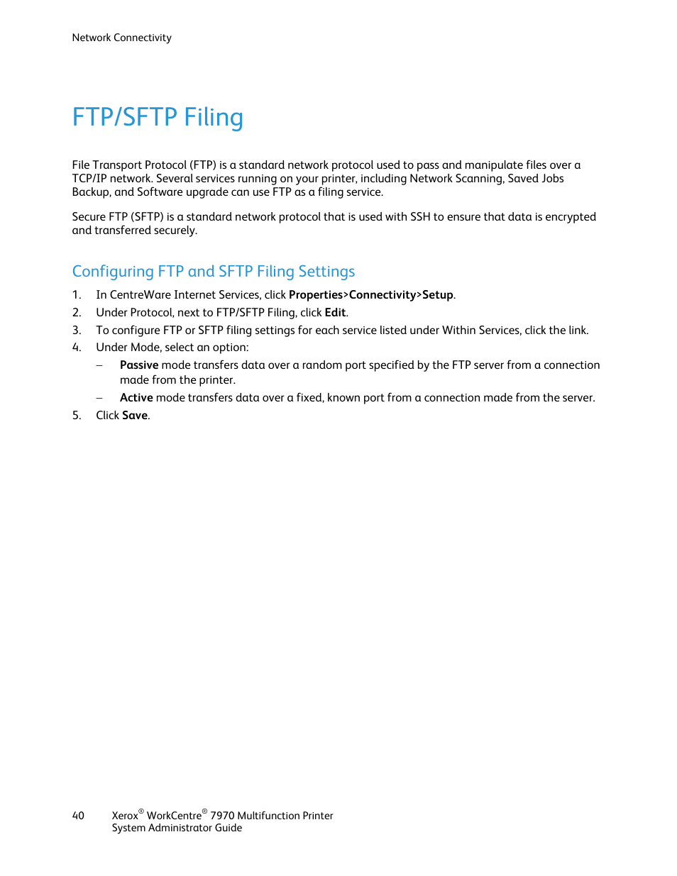 Ftp/sftp filing, Configuring ftp and sftp filing settings | Xerox WorkCentre 7970-2606 User Manual | Page 40 / 268