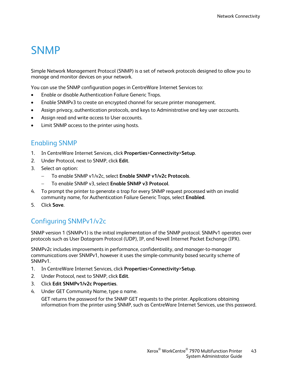 Snmp, Enabling snmp, Configuring snmpv1/v2c | Xerox WorkCentre 7970-2606 User Manual | Page 43 / 268