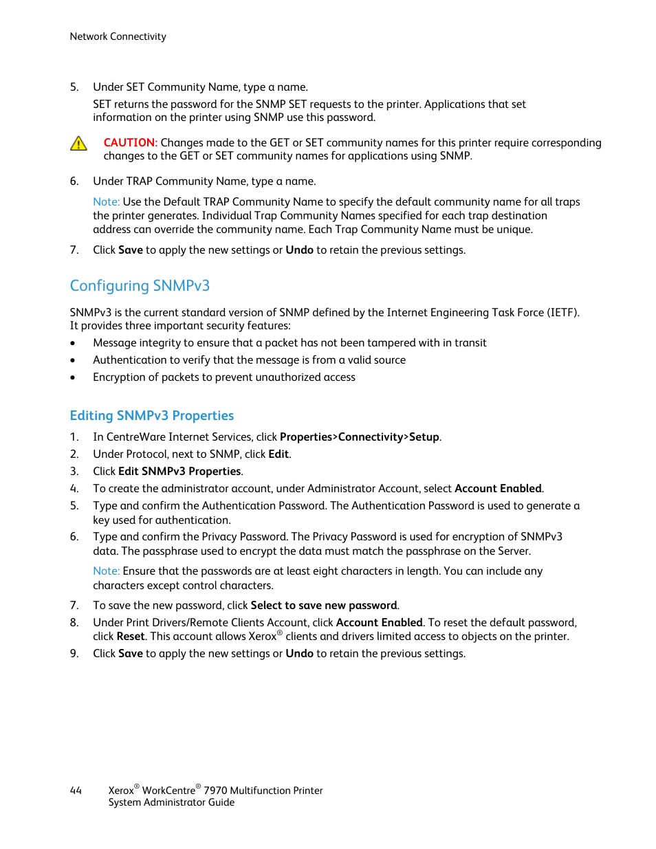 Configuring snmpv3, Editing snmpv3 properties | Xerox WorkCentre 7970-2606 User Manual | Page 44 / 268