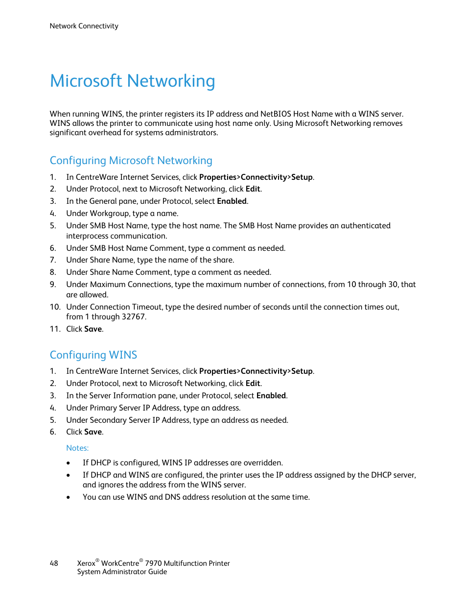 Microsoft networking, Configuring microsoft networking, Configuring wins | Xerox WorkCentre 7970-2606 User Manual | Page 48 / 268