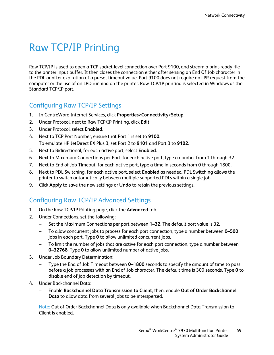 Raw tcp/ip printing, Configuring raw tcp/ip settings, Configuring raw tcp/ip advanced settings | Xerox WorkCentre 7970-2606 User Manual | Page 49 / 268