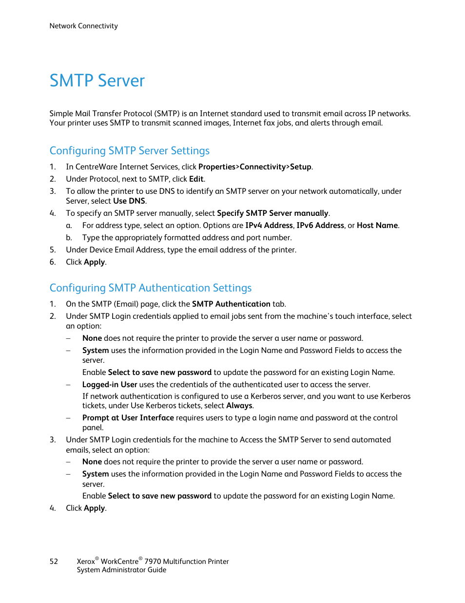 Smtp server, Configuring smtp server settings, Configuring smtp authentication settings | Xerox WorkCentre 7970-2606 User Manual | Page 52 / 268