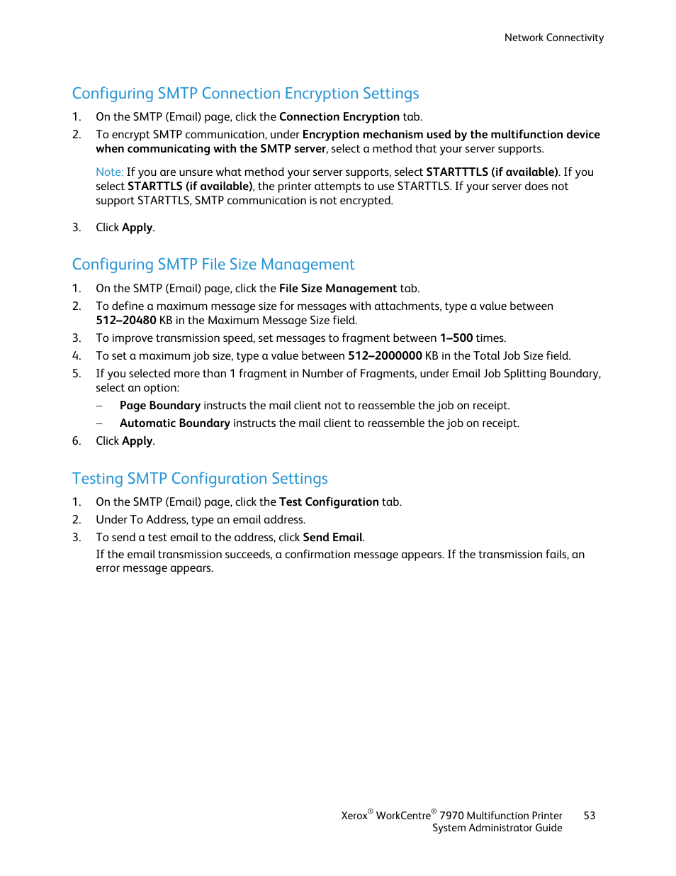 Configuring smtp connection encryption settings, Configuring smtp file size management, Testing smtp configuration settings | Xerox WorkCentre 7970-2606 User Manual | Page 53 / 268