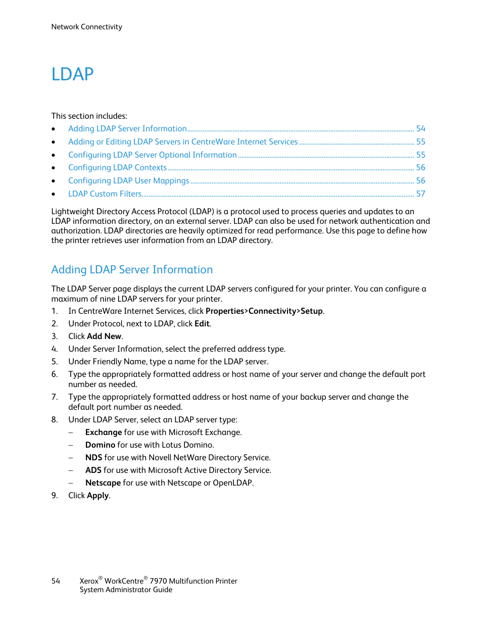 Ldap, Adding ldap server information | Xerox WorkCentre 7970-2606 User Manual | Page 54 / 268