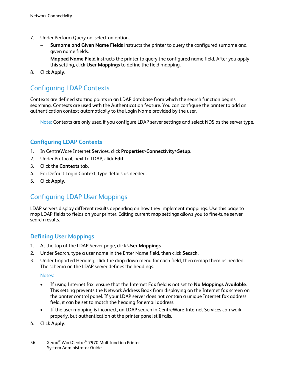 Configuring ldap contexts, Configuring ldap user mappings, Defining user mappings | Xerox WorkCentre 7970-2606 User Manual | Page 56 / 268