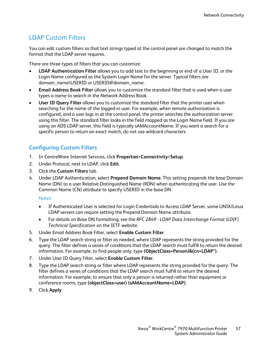 Ldap custom filters, Configuring custom filters | Xerox WorkCentre 7970-2606 User Manual | Page 57 / 268