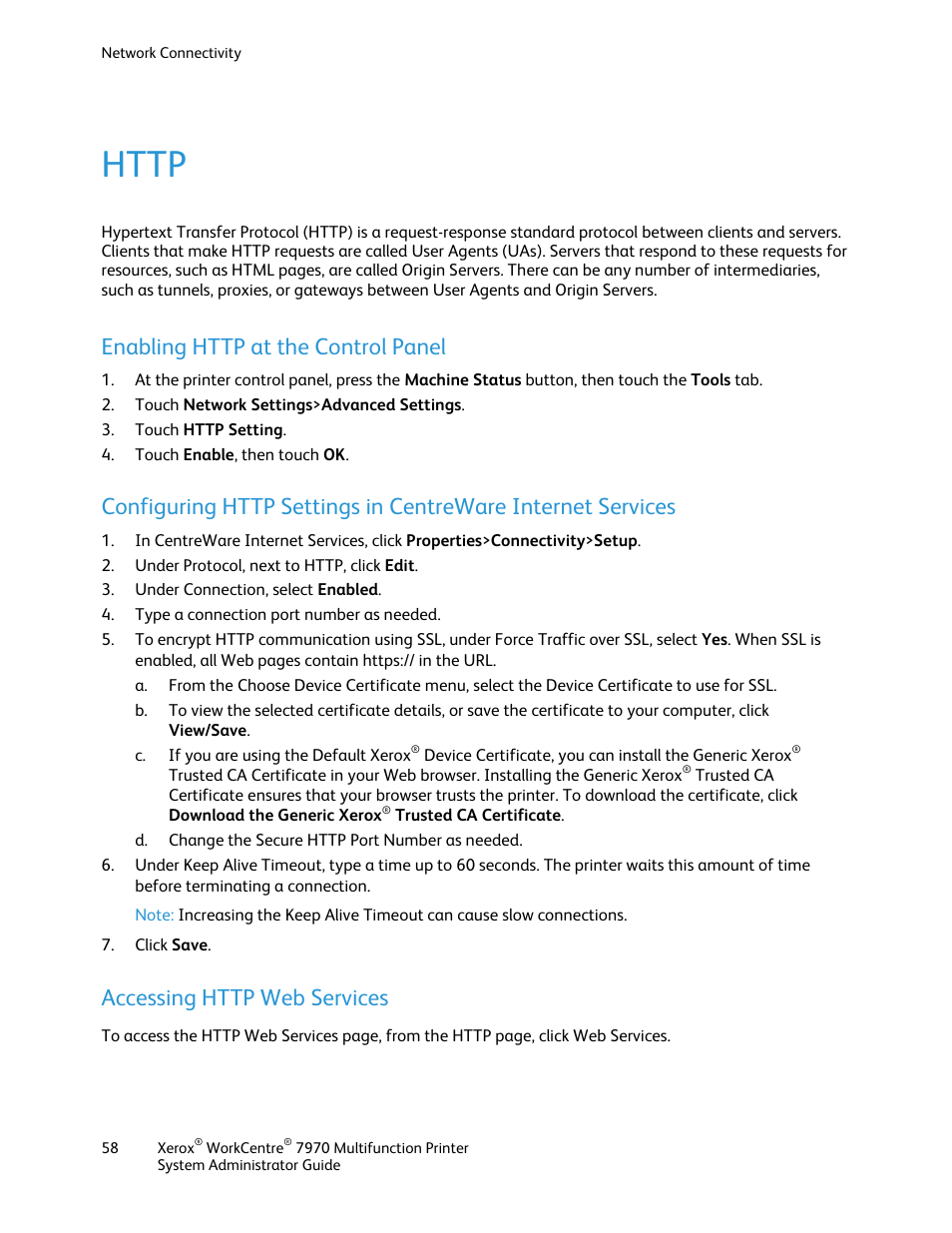 Http, Enabling http at the control panel, Accessing http web services | Xerox WorkCentre 7970-2606 User Manual | Page 58 / 268