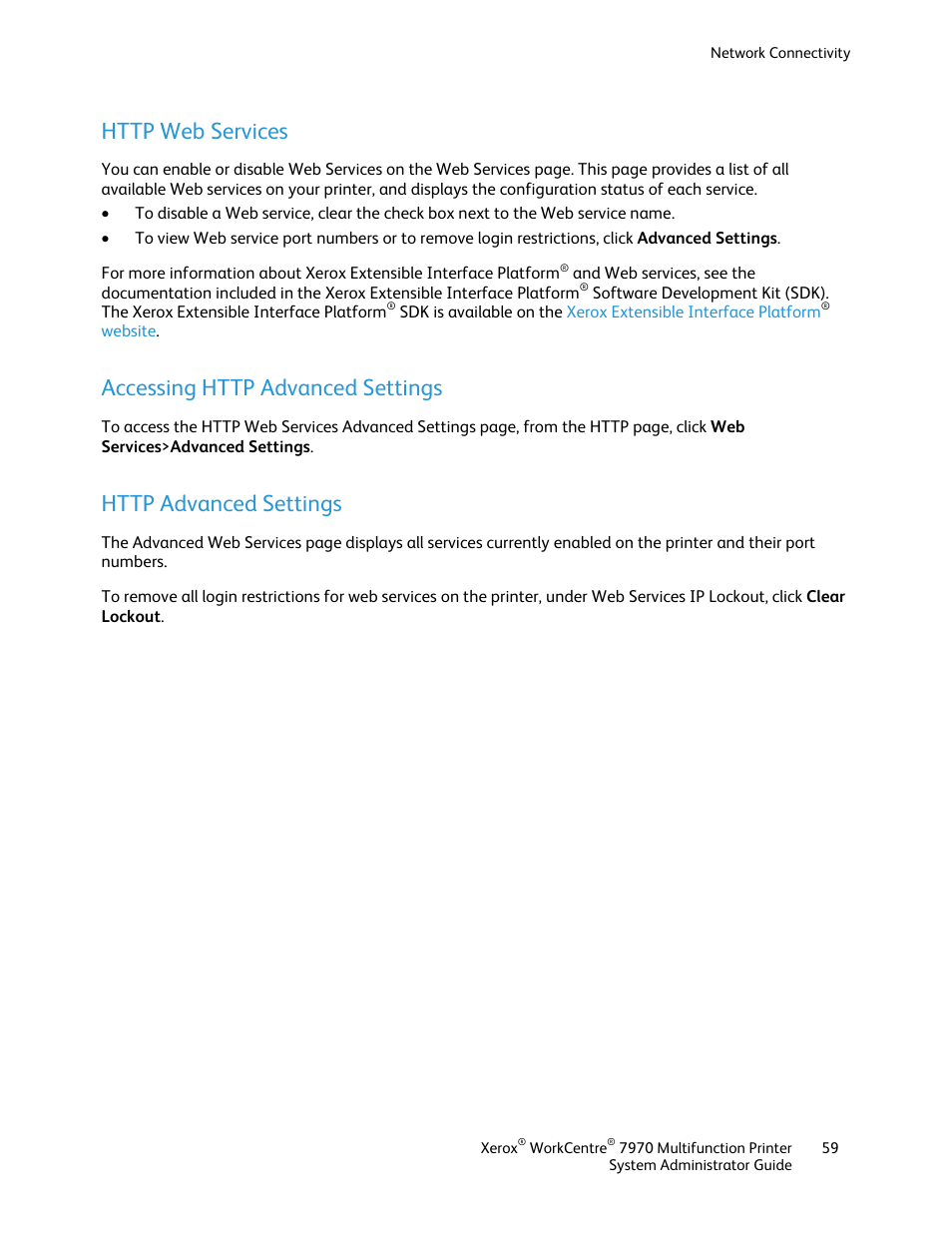 Http web services, Accessing http advanced settings, Http advanced settings | Xerox WorkCentre 7970-2606 User Manual | Page 59 / 268