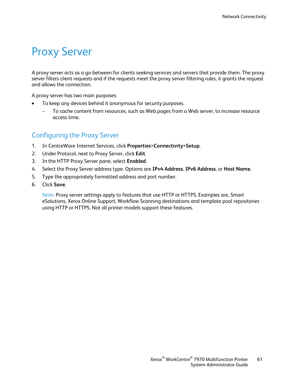 Proxy server, Configuring the proxy server | Xerox WorkCentre 7970-2606 User Manual | Page 61 / 268