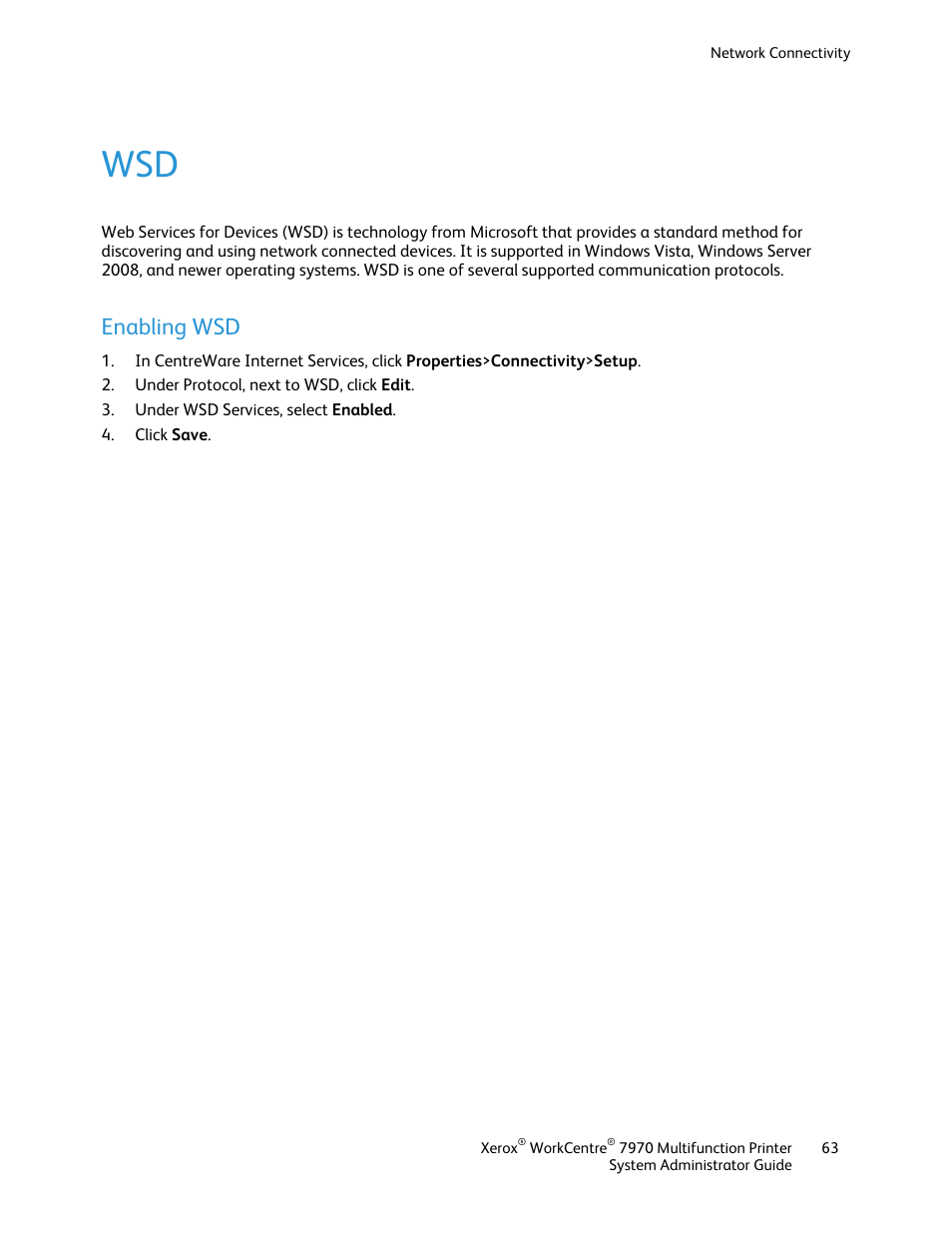 Enabling wsd | Xerox WorkCentre 7970-2606 User Manual | Page 63 / 268