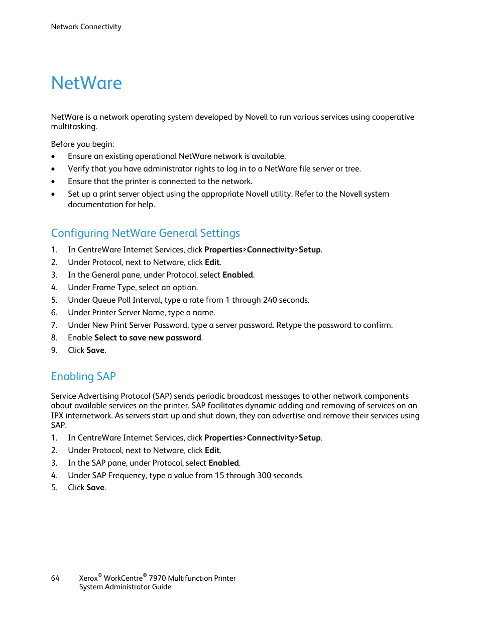 Netware, Configuring netware general settings, Enabling sap | Xerox WorkCentre 7970-2606 User Manual | Page 64 / 268