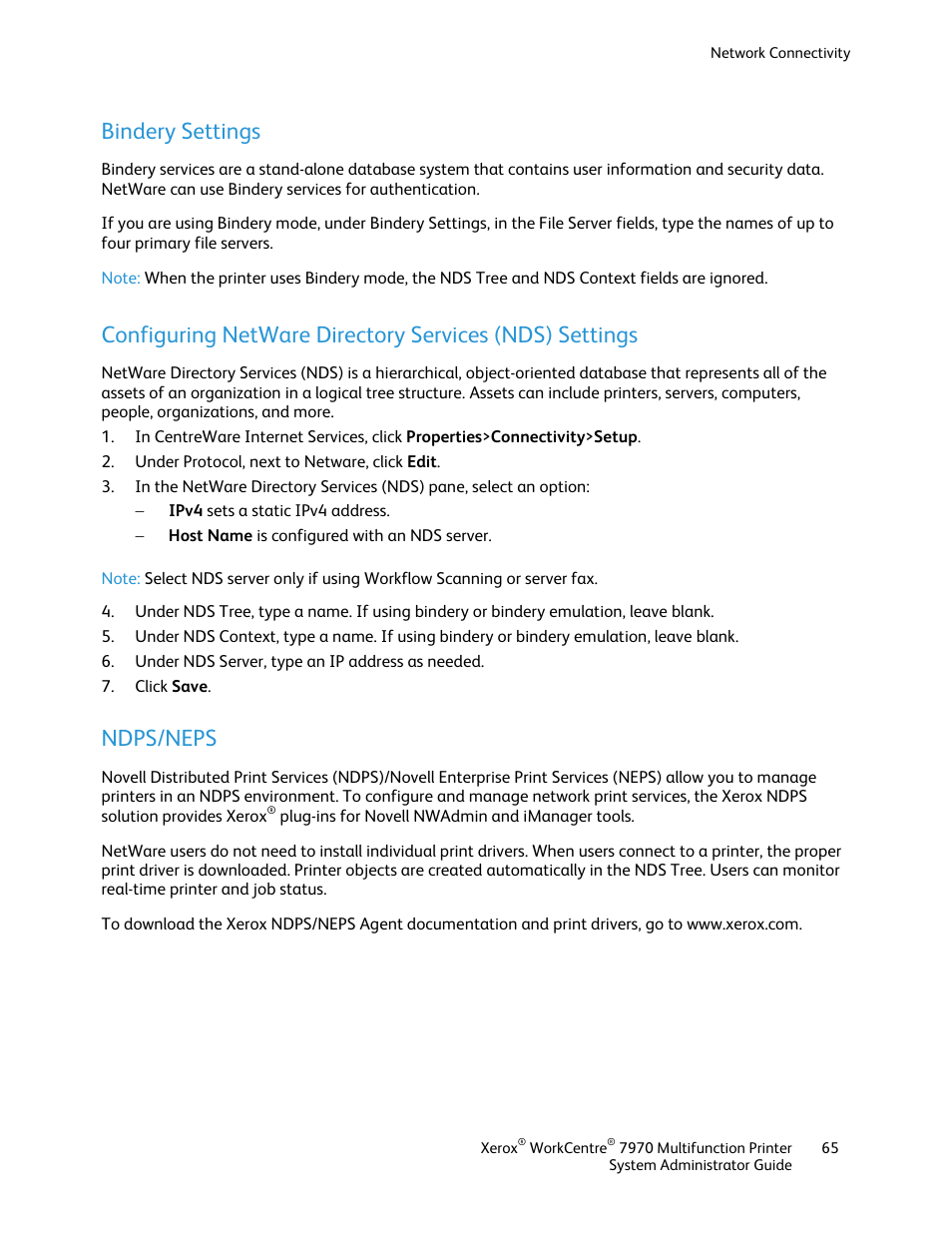 Bindery settings, Ndps/neps | Xerox WorkCentre 7970-2606 User Manual | Page 65 / 268