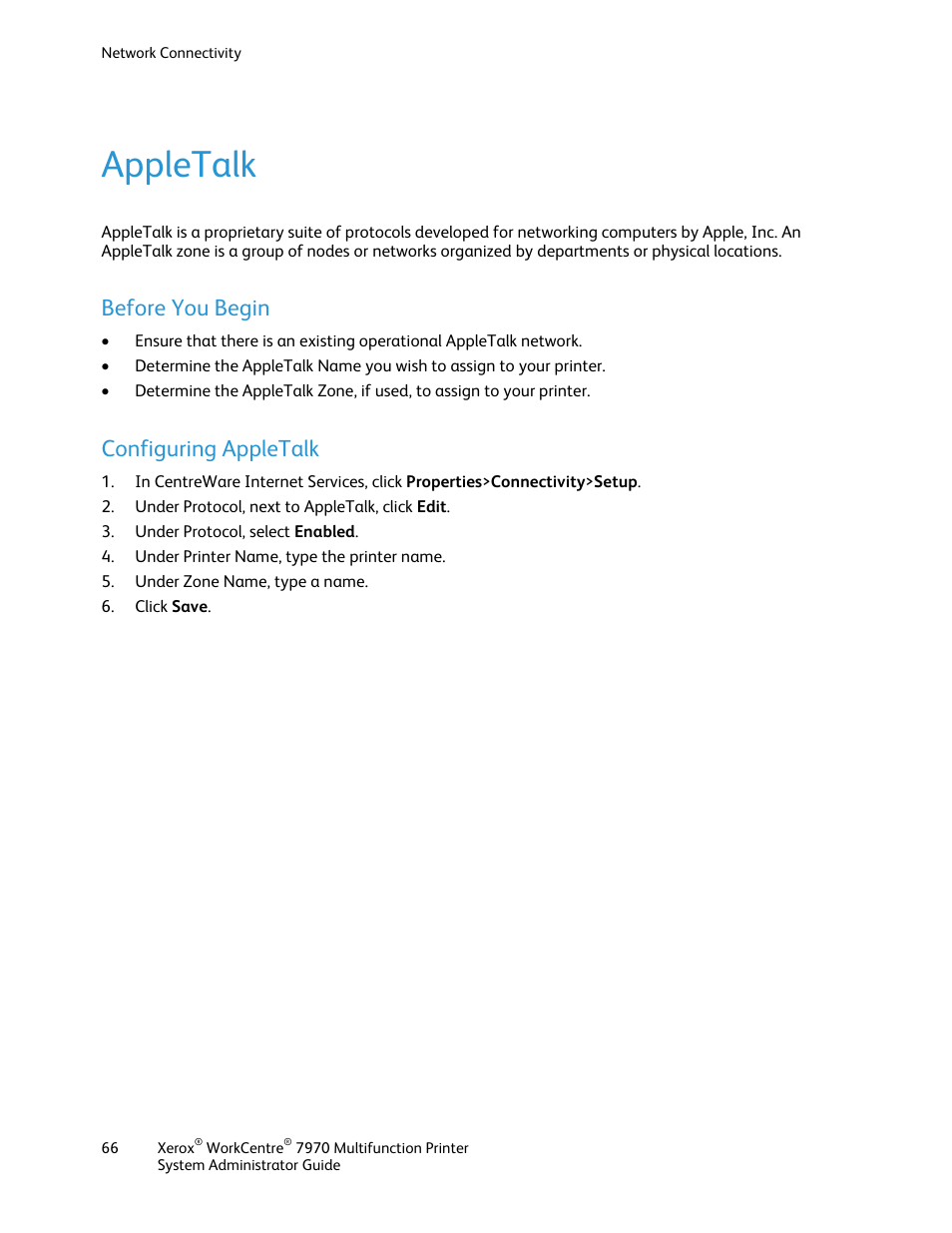 Appletalk, Before you begin, Configuring appletalk | Xerox WorkCentre 7970-2606 User Manual | Page 66 / 268