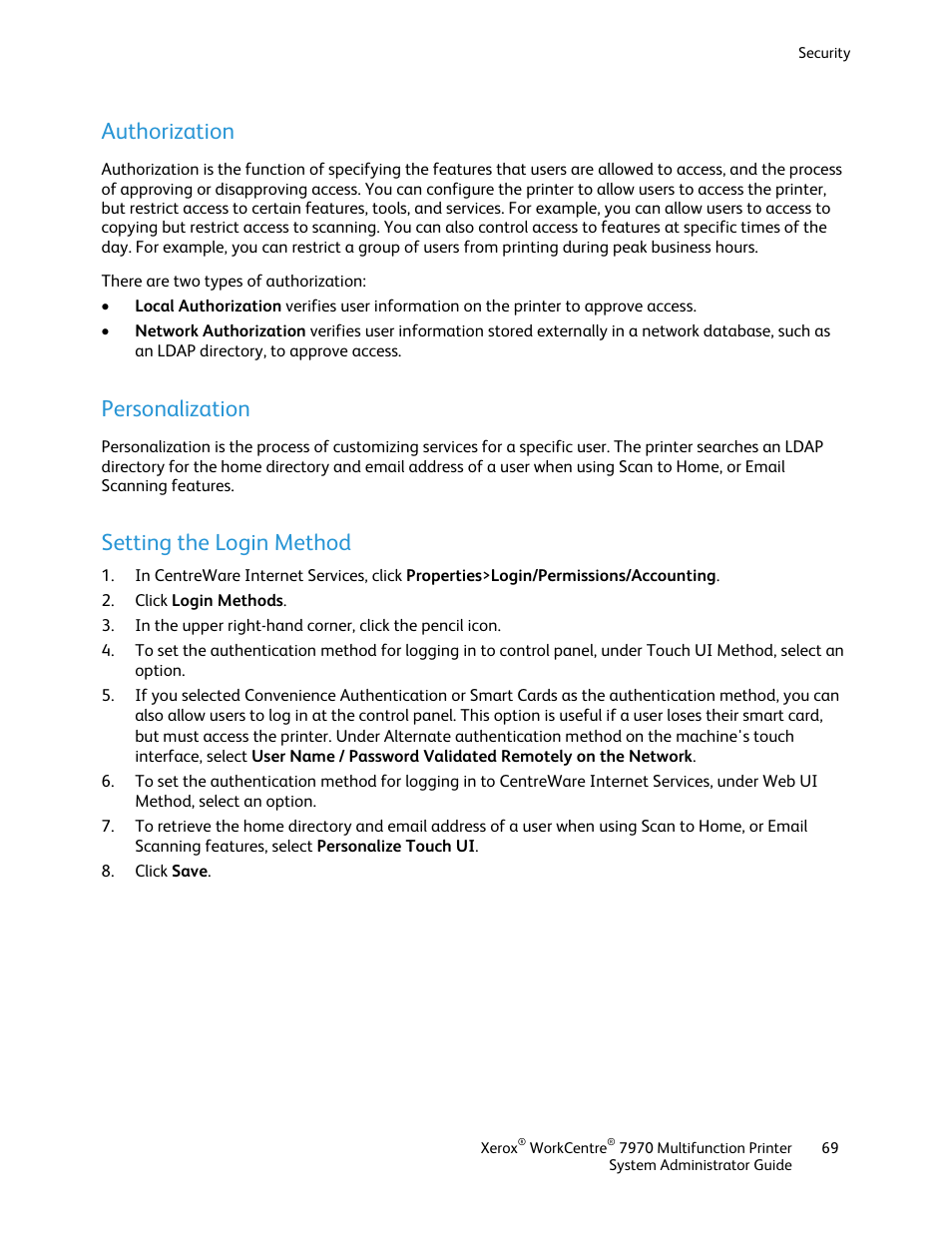 Authorization, Personalization, Setting the login method | Xerox WorkCentre 7970-2606 User Manual | Page 69 / 268
