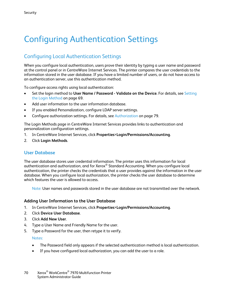 Configuring authentication settings, Configuring local authentication settings, User database | Adding user information to the user database | Xerox WorkCentre 7970-2606 User Manual | Page 70 / 268