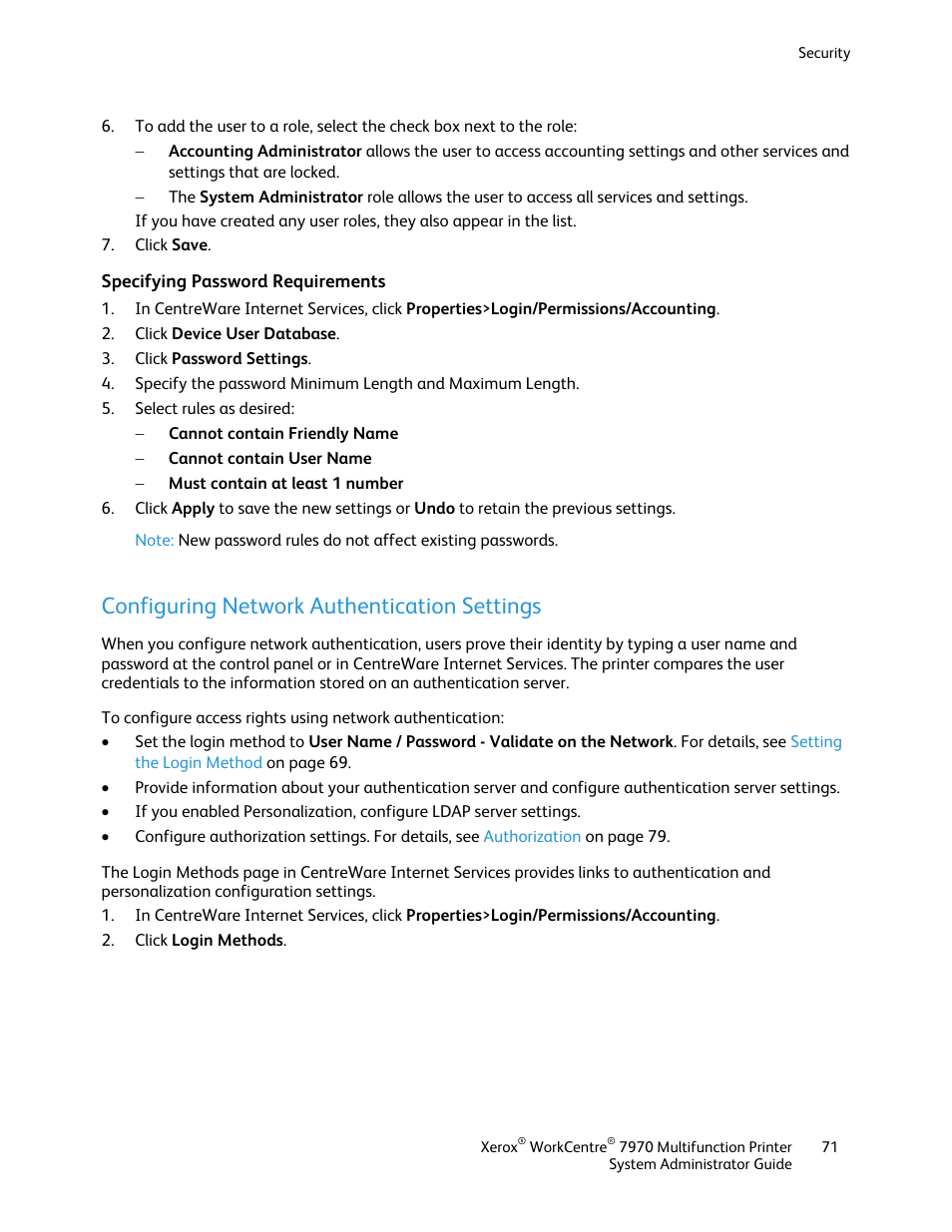 Specifying password requirements, Configuring network authentication settings | Xerox WorkCentre 7970-2606 User Manual | Page 71 / 268