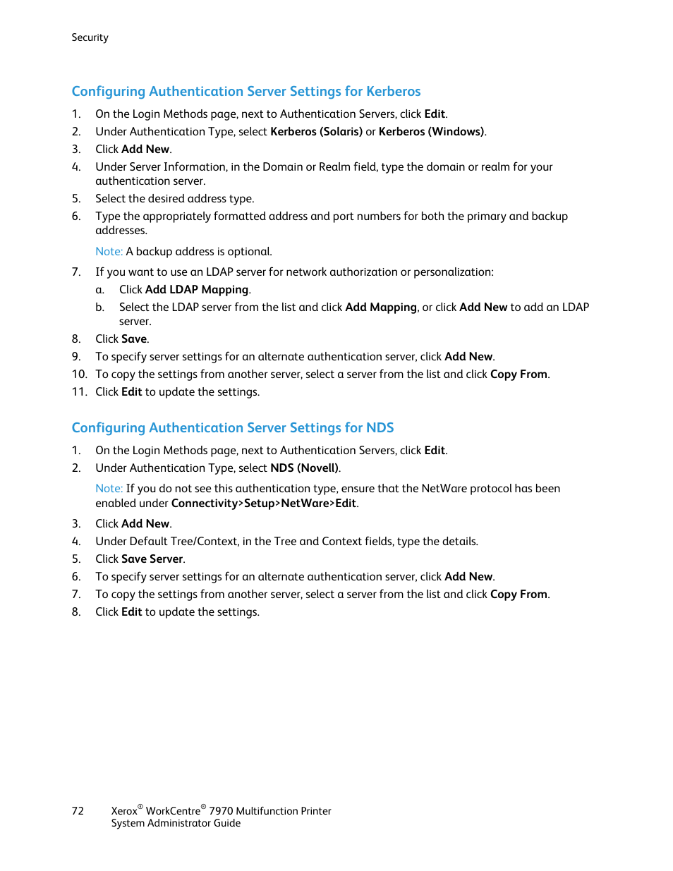 Configuring authentication server settings for nds | Xerox WorkCentre 7970-2606 User Manual | Page 72 / 268